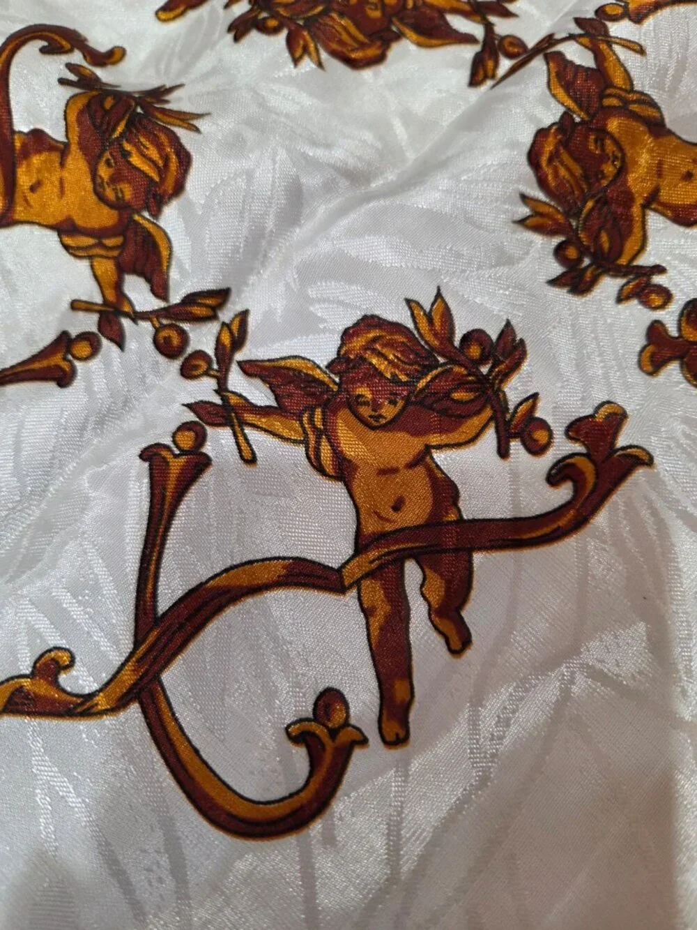 Vintage Hot Air Balloon & Cherub Silk Scarf Black Border White Gold 34